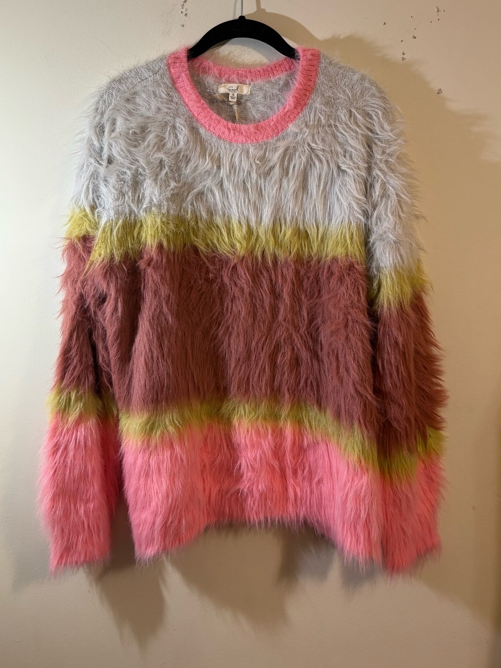 Easel sweater women’s small fluffy long hair shaggy knit pullover stripes NWT